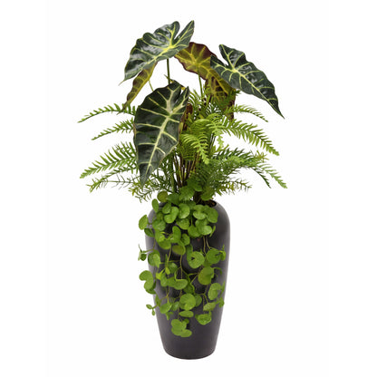 Kunstpflanze Alocasia mit Farn und hängendem Efeu in Vase 75 cm