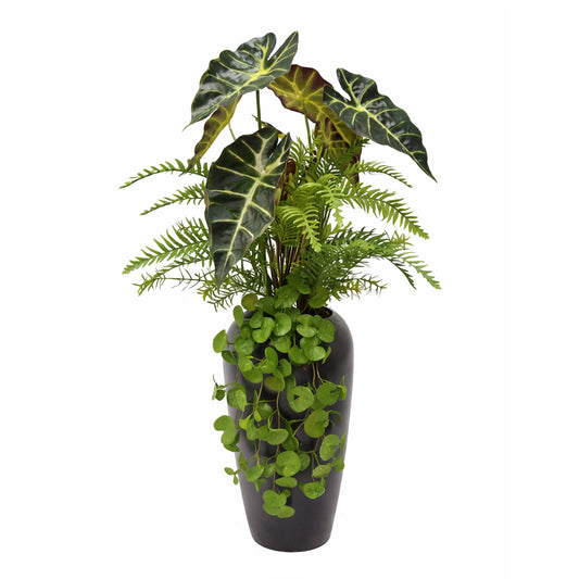 Kunstpflanze Alocasia mit Farn und hängendem Efeu in Vase 75 cm