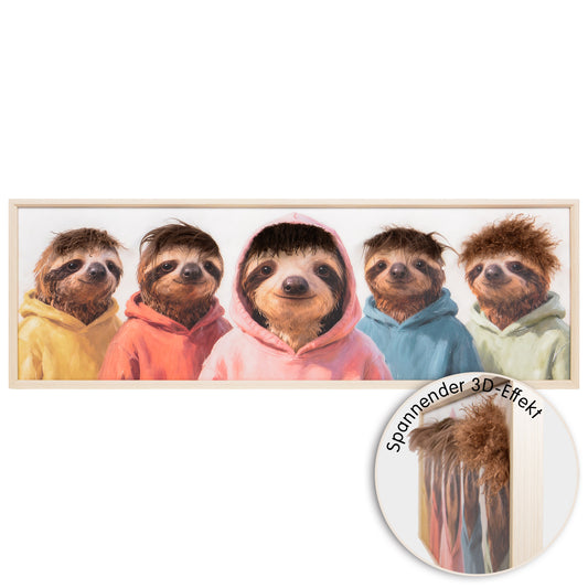 Wall Art 3D Hairfusion Faultiere mit bunten Hoodies 120x40