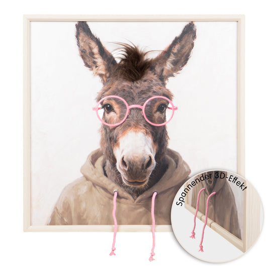 Wall Art 3D Hairfusion Esel mit Hoodie und Brille in pink 60x60