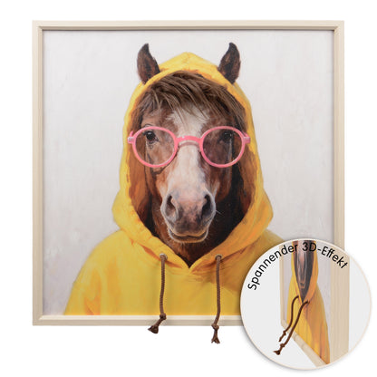 Wall Art 3D Hairfusion Pferd mit gelben Hoodie und Brille in pink 60x60