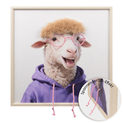Wall Art 3D Hairfusion Schaf mit lila Hoodie und Brille in pink 60x60