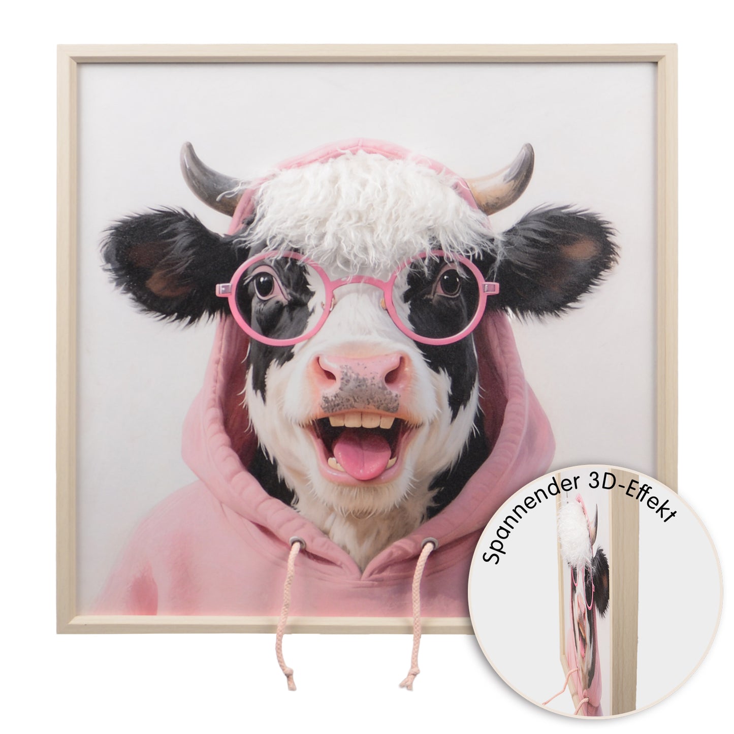 Wall Art 3D Hairfusion Kuh mit Hoodie und Brille in pink 60x60