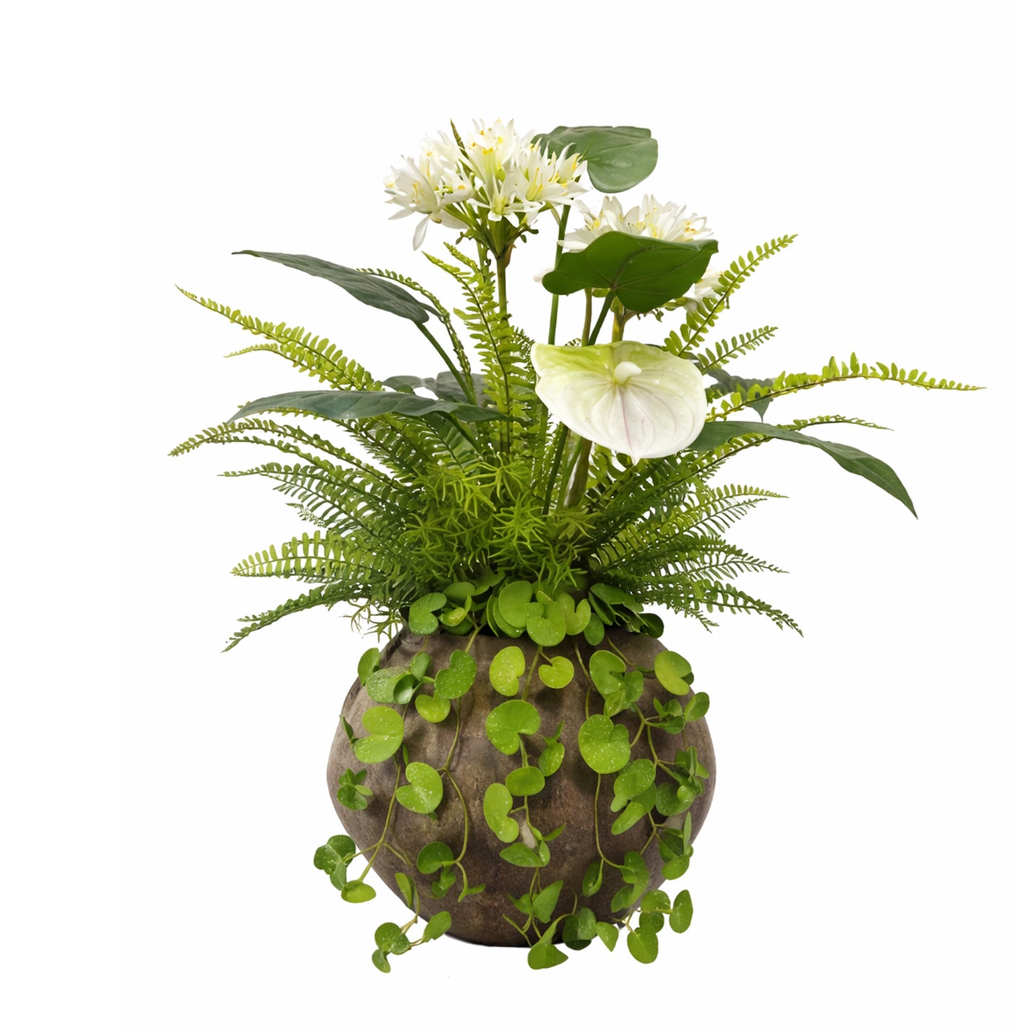 Kunstpflanze Weiß Grün mit Vase Efeu Farn künstliches Blumengesteck 67 cm