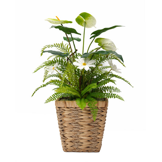 Kunstpflanze Kunstblume mit Anthurium Margeriten und Farn im Korb 63 cm