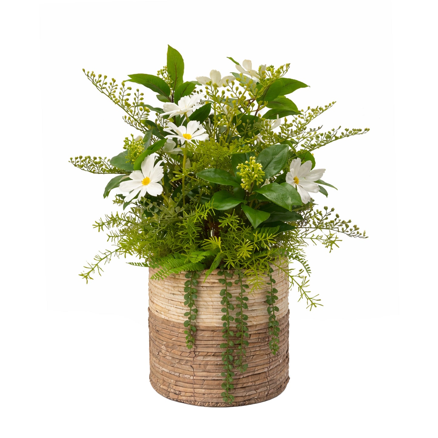 Kunstpflanze Margeriten Farn und Efeu Weiß Grün mit Korb 71 cm