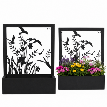 Blumenkasten mit Rankhilfe 2er Set Metall schwarz mit Blumen und Vögeln