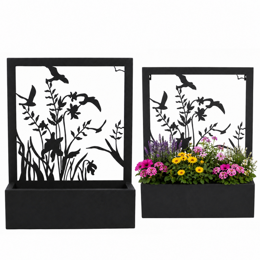 Blumenkasten mit Rankhilfe 2er Set Metall schwarz mit Blumen und Vögeln