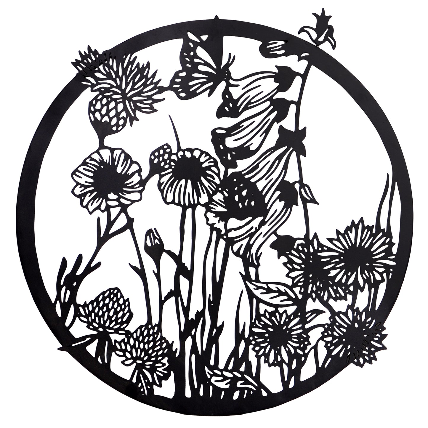 Aufhänger Blumen und Schmetterling aus Metall schwarz rund 48x46,5 cm