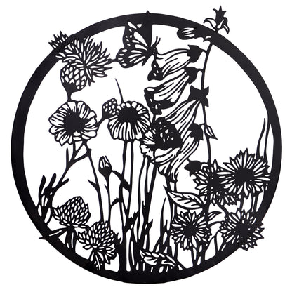 Aufhänger Blumen und Schmetterling aus Metall schwarz rund 48x46,5 cm