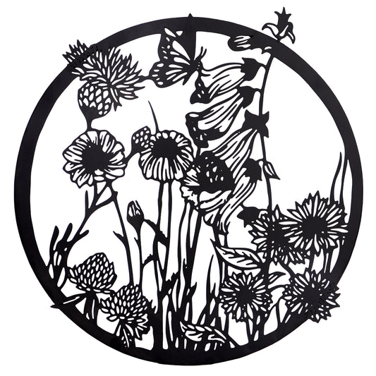 Aufhänger Blumen und Schmetterling aus Metall schwarz rund 48x46,5 cm