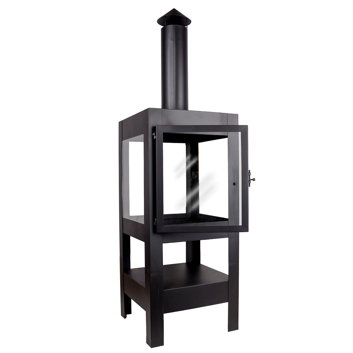 Gartenkamin Bronko aus Metall schwarz mit Glastür 139x40x42 cm