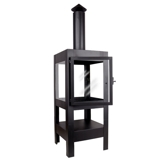 Gartenkamin Bronko aus Metall schwarz mit Glastür 139x40x42 cm