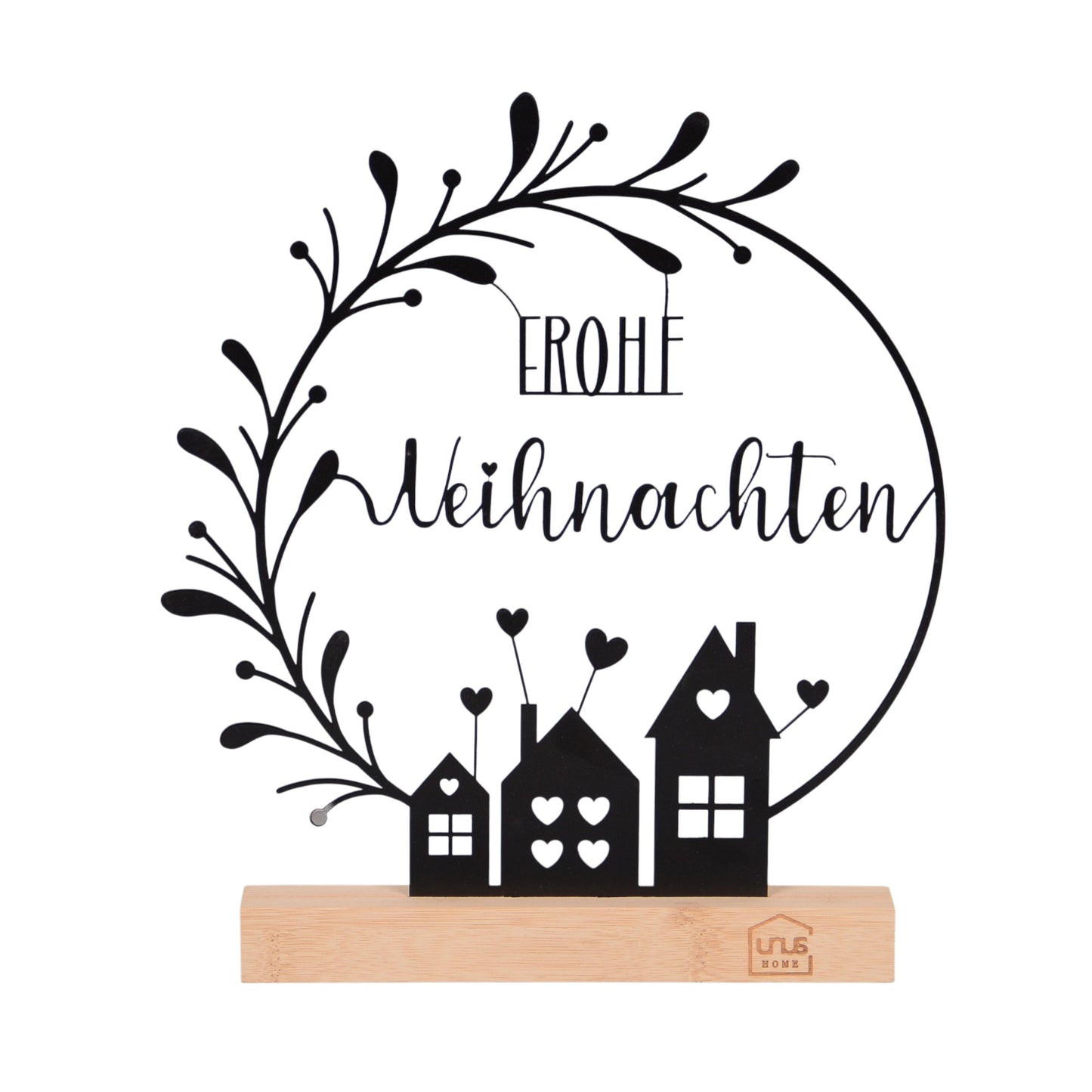 Aufsteller "Frohe Weihnachten" mit Blumenbogen und Häusern schwarz oder weiß