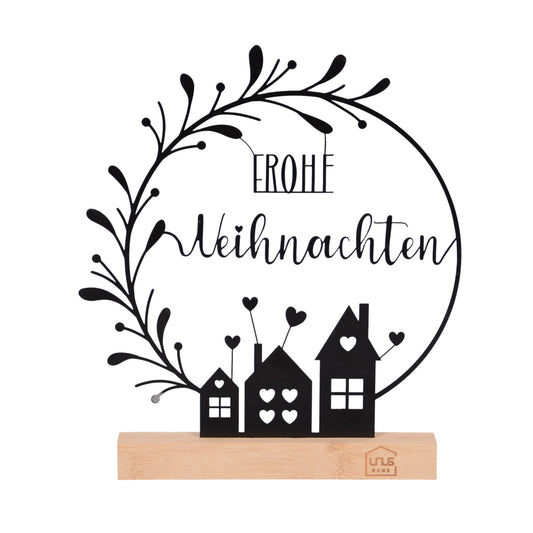 Aufsteller "Frohe Weihnachten" mit Blumenbogen und Häusern schwarz oder weiß
