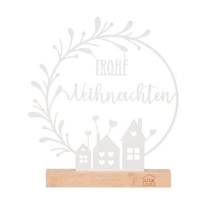 Aufsteller "Frohe Weihnachten" mit Blumenbogen und Häusern schwarz oder weiß