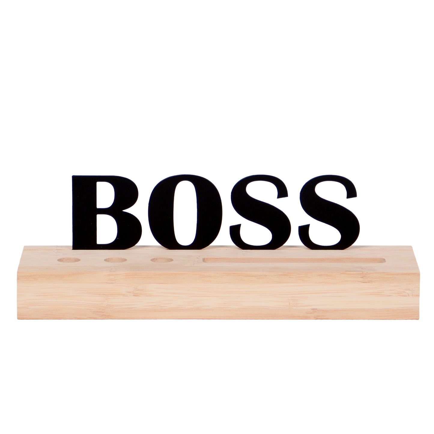 Organizer aus Holz mit Kartenhalter und 3x Stiftlöchern mit Text "Boss"