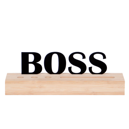 Organizer aus Holz mit Kartenhalter und 3x Stiftlöchern mit Text "Boss"
