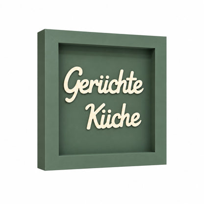 Wandbild aus Holz mit 3D Spruch „Gerüchte Küche“ 25x25cm