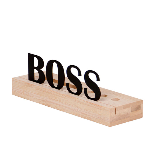 Organizer aus Holz mit Kartenhalter und 3x Stiftlöchern mit Text "Boss"