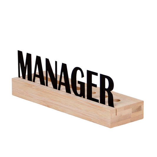 Organizer Schreibtisch aus Holz mit Kartenhalter und 3x Stiftlöchern mit Text "Manager"