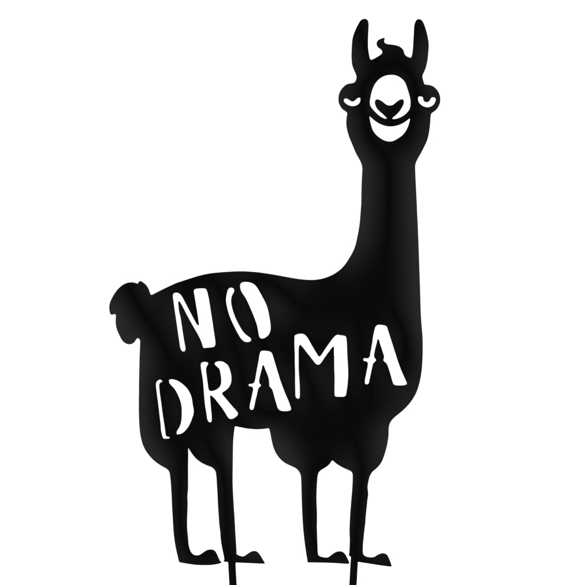 Schwarzer Gartenstecker in Form eines fröhlichen Alpakas mit ausgestanztem Schriftzug „No Drama“, ideal zur humorvollen Gartendekoration.