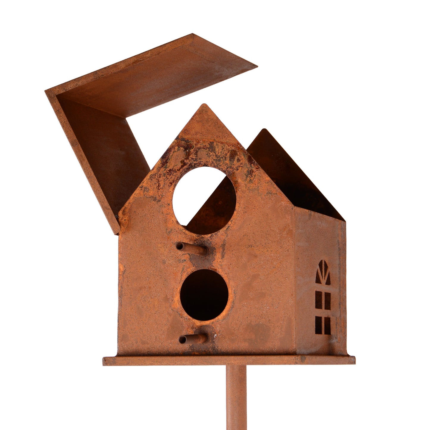 Vogelhaus mit Stab in rost