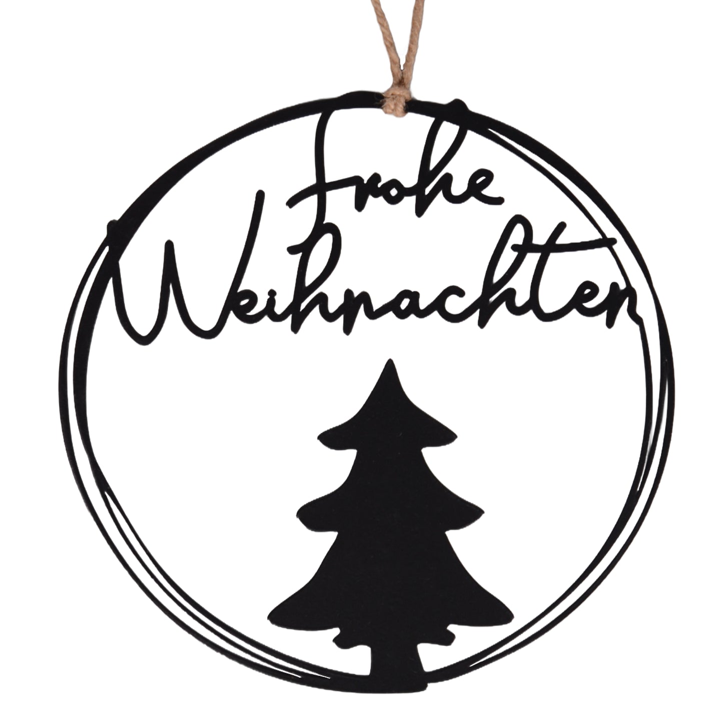 Aufhänger Metall rund frohe Weihnachten mit Tannenbaum schwarz