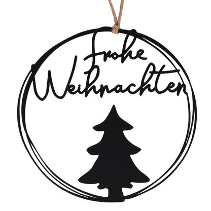 Aufhänger Metall rund frohe Weihnachten mit Tannenbaum schwarz