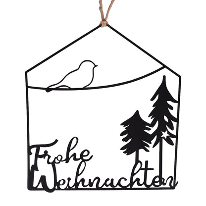 Aufhänger Metall Hausform Frohe Weihnachten und Landschaft schwarz