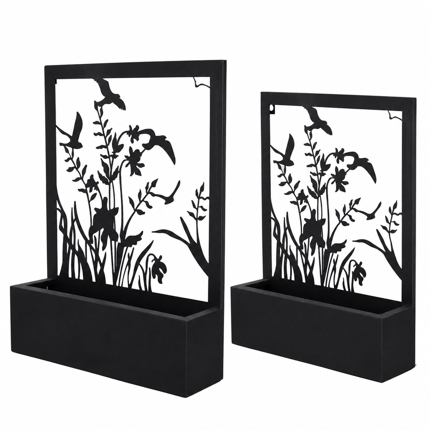 Blumenkasten mit Rankhilfe 2er Set Metall schwarz mit Blumen und Vögeln
