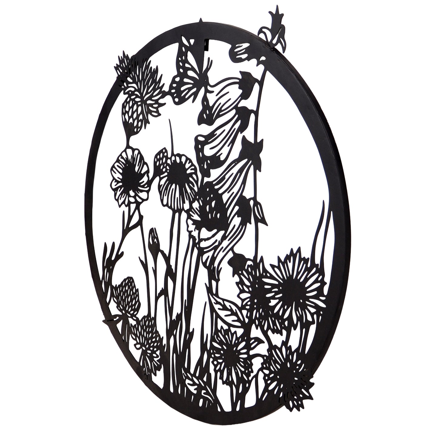 Aufhänger Blumen und Schmetterling aus Metall schwarz rund 48x46,5 cm