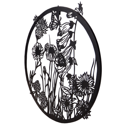 Aufhänger Blumen und Schmetterling aus Metall schwarz rund 48x46,5 cm