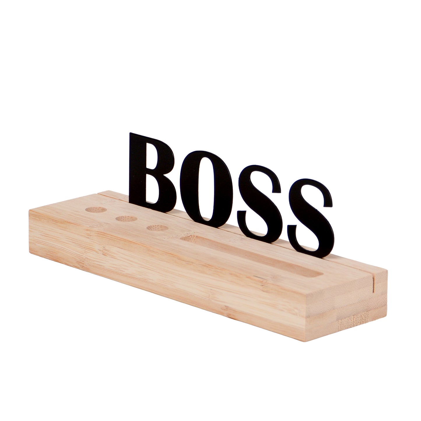 Organizer aus Holz mit Kartenhalter und 3x Stiftlöchern mit Text "Boss"