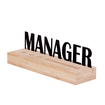 Organizer Schreibtisch aus Holz mit Kartenhalter und 3x Stiftlöchern mit Text "Manager"