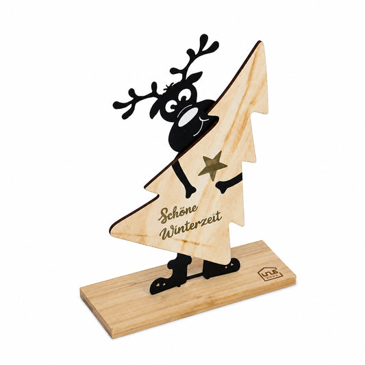 Aufsteller Rudi aus Holz Rentier mit Weihnachtsbaum