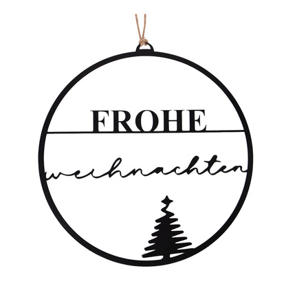 Aufhänger "Frohe Weihnachten" mit Tannenbäumen in schwarz