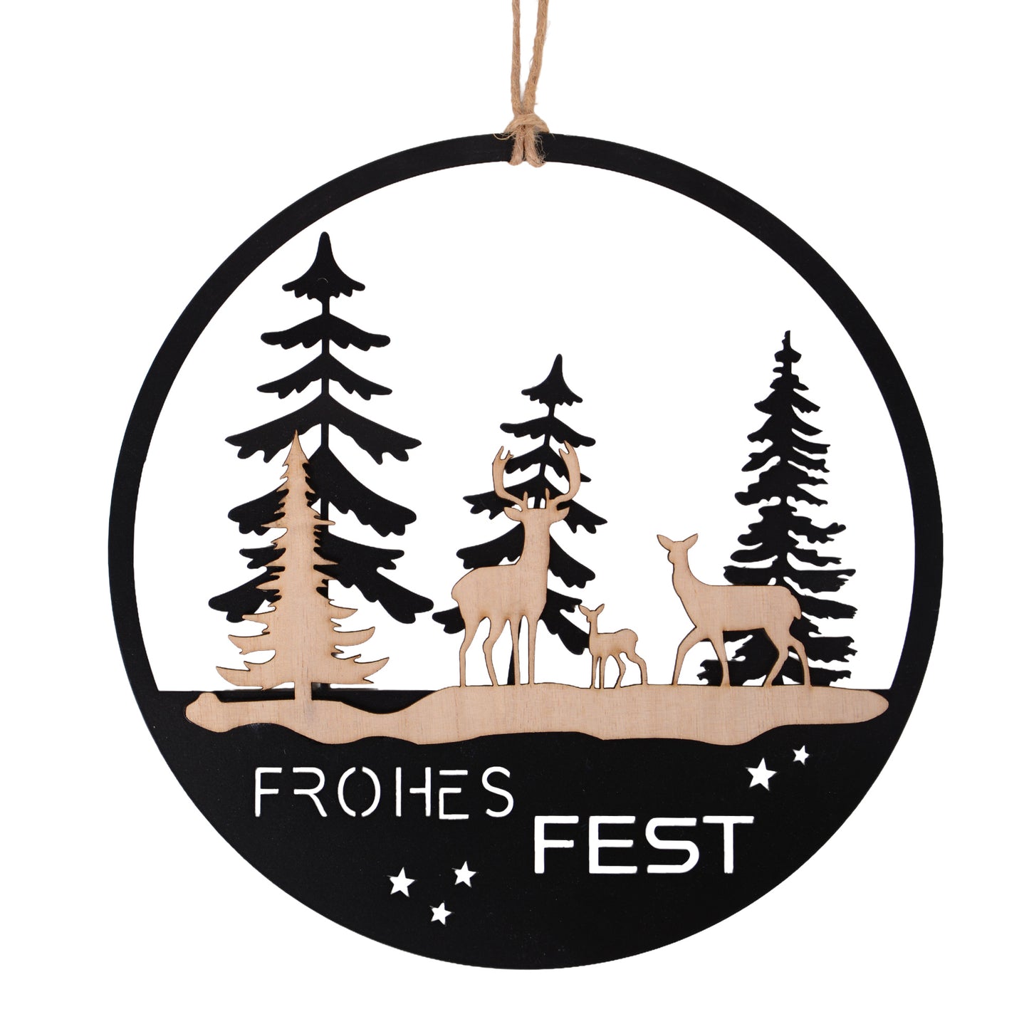 Aufhänger "Frohes Fest" mit Bäumen und Hirsch in schwarz