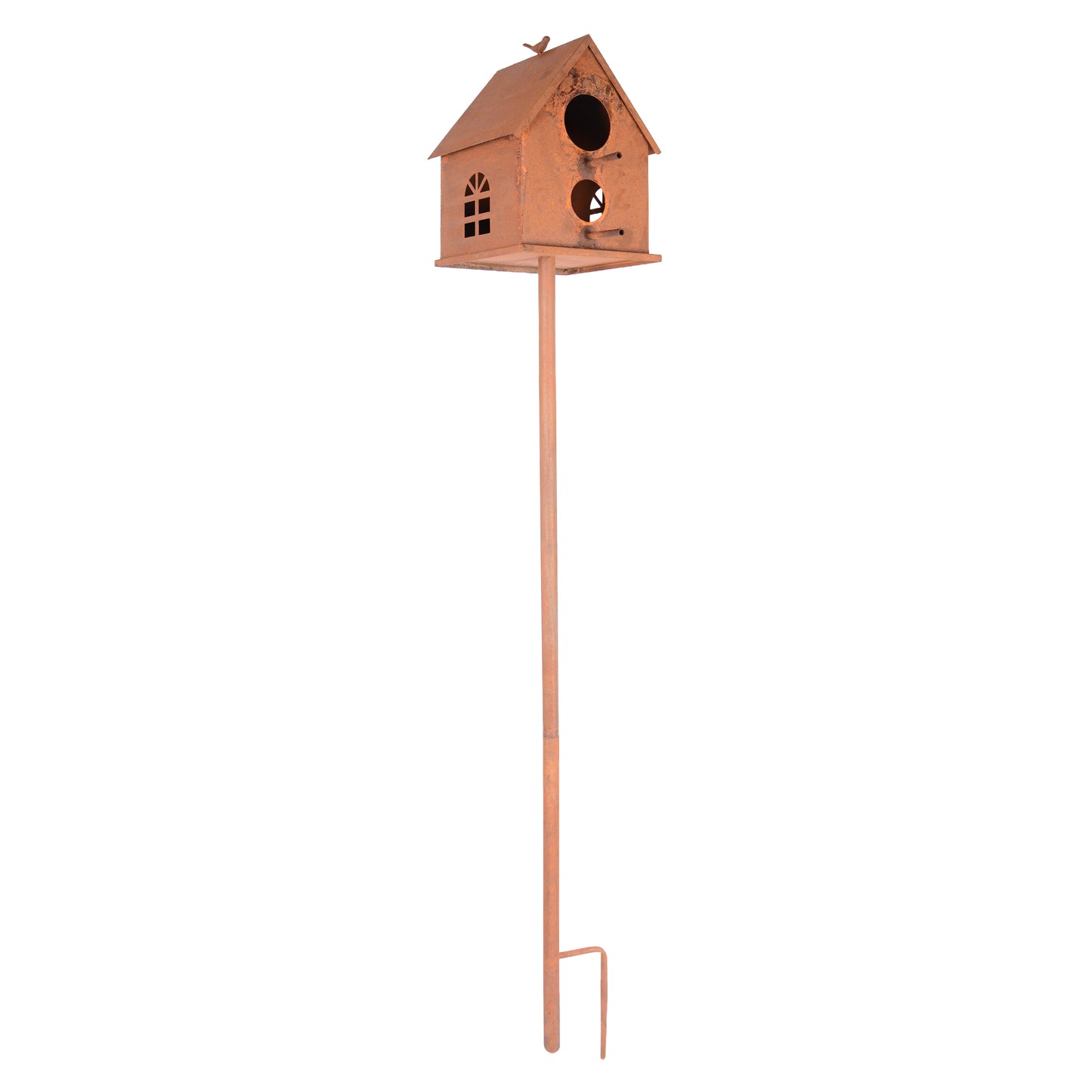 Vogelhaus mit Stab in rost