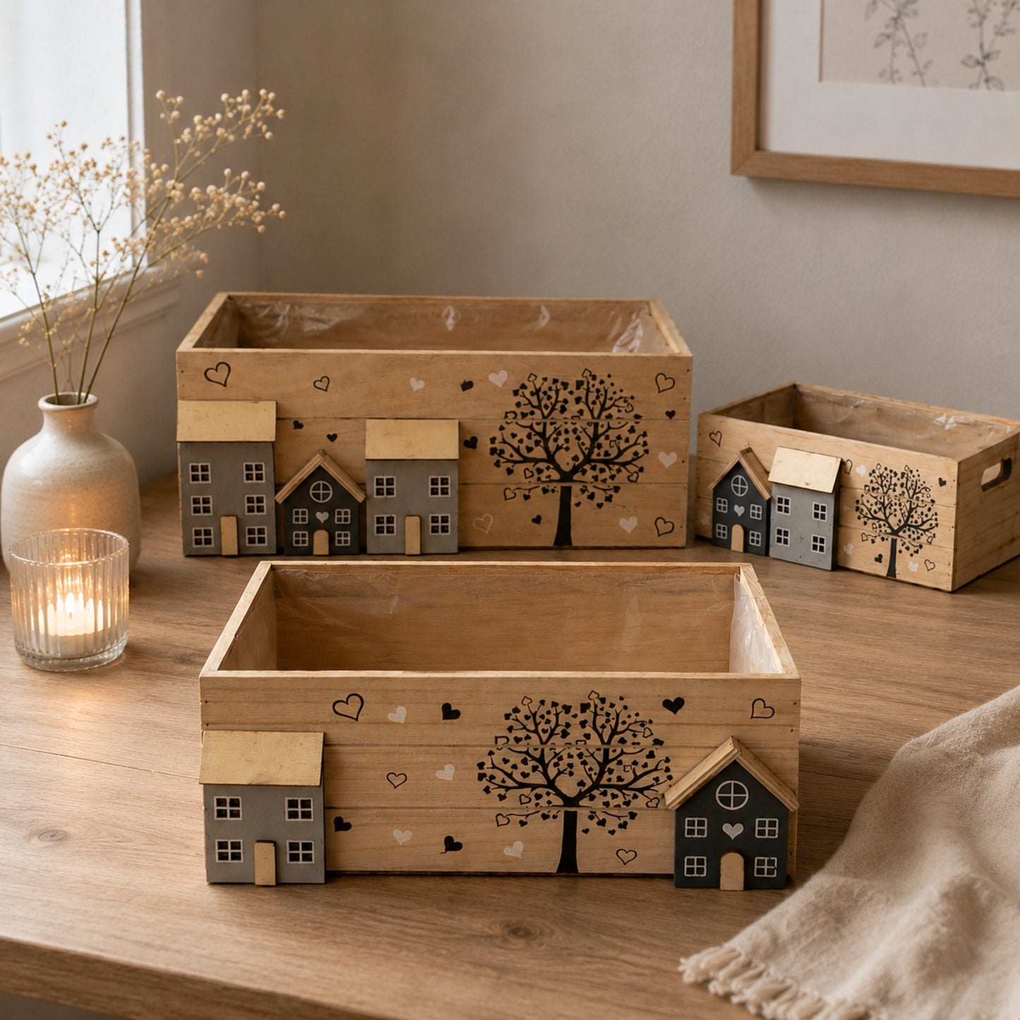 Holzkisten 3er Set White-Washed bepflanzbar