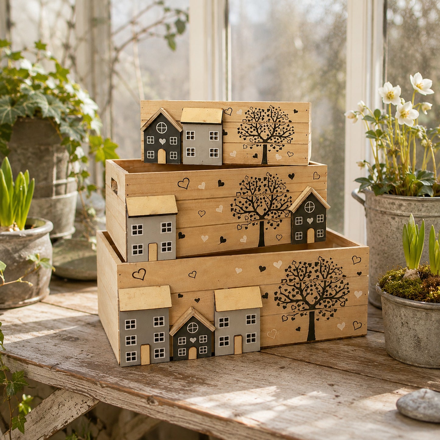 Holzkisten 3er Set White-Washed bepflanzbar