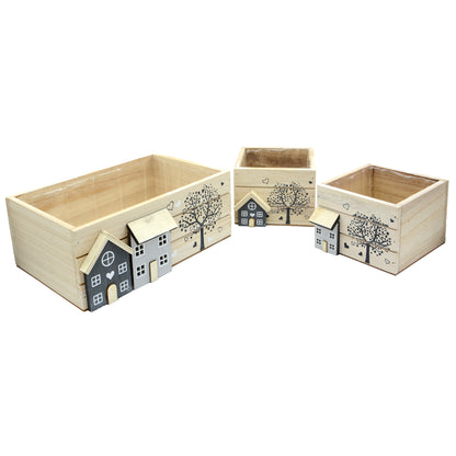 Holzkisten 3er Set White-Washed bepflanzbar