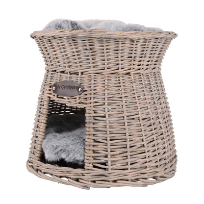 Katzenkörbchen, Katzenkorb, Katzenturm aus Rattan in Grau