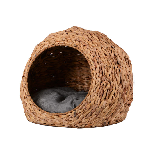 Haustierkorb rund/kugelform mit Öffnung natur mit Kissen grau