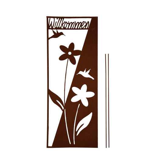 Stecker Rost Schild Blumen "Willkommen"