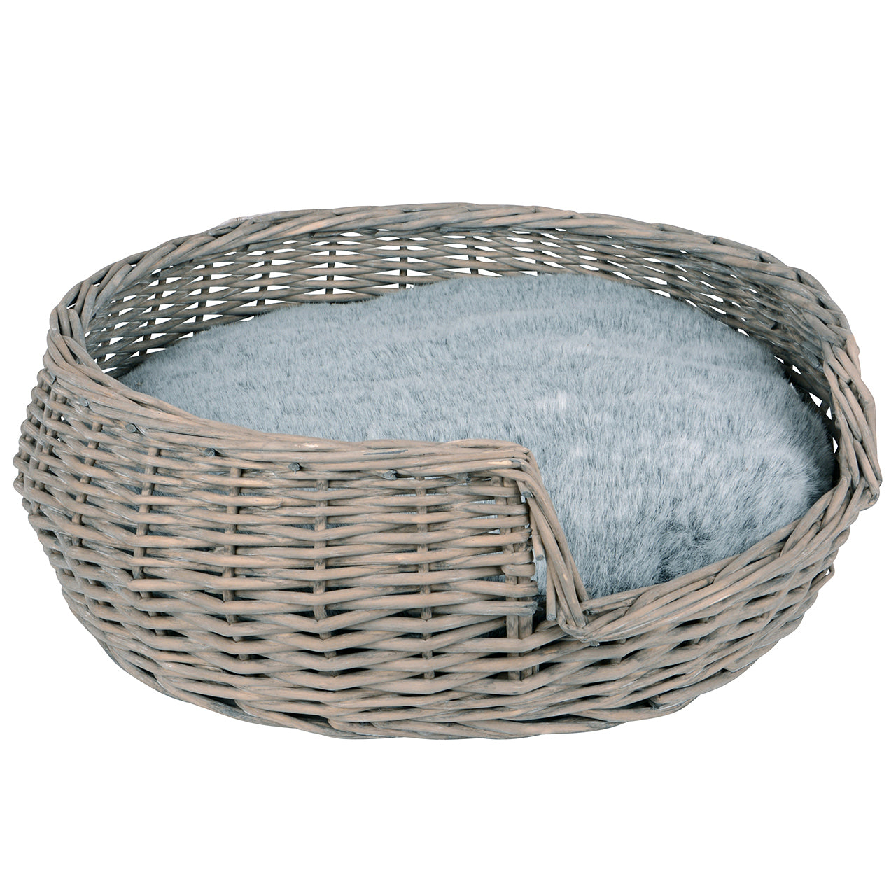 Haustierkorb rund grau/weiß washed mit Kissen groß Ø55