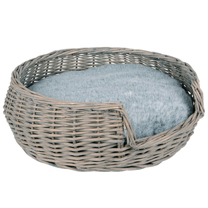 Haustierkorb rund grau/weiß washed mit Kissen groß Ø55