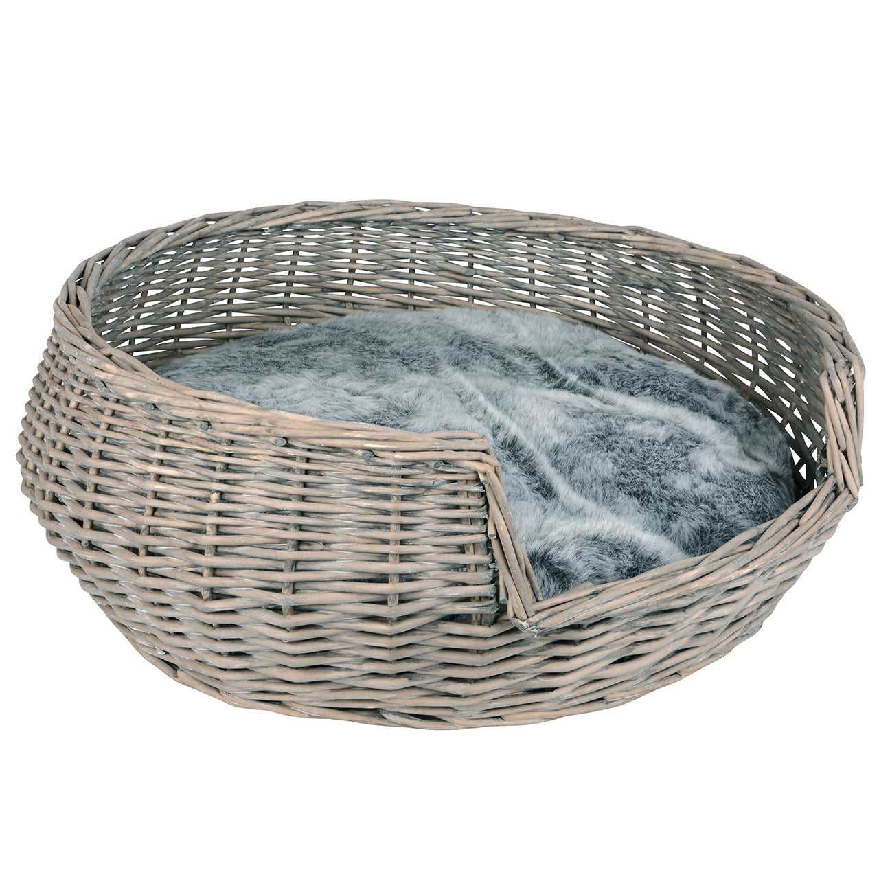 Haustierkorb rund grau/weiß washed mit Kissen groß Ø65