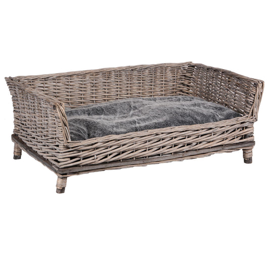 Haustierkorb grau/weiß washed eckig mit grauem Kissen klein/groß