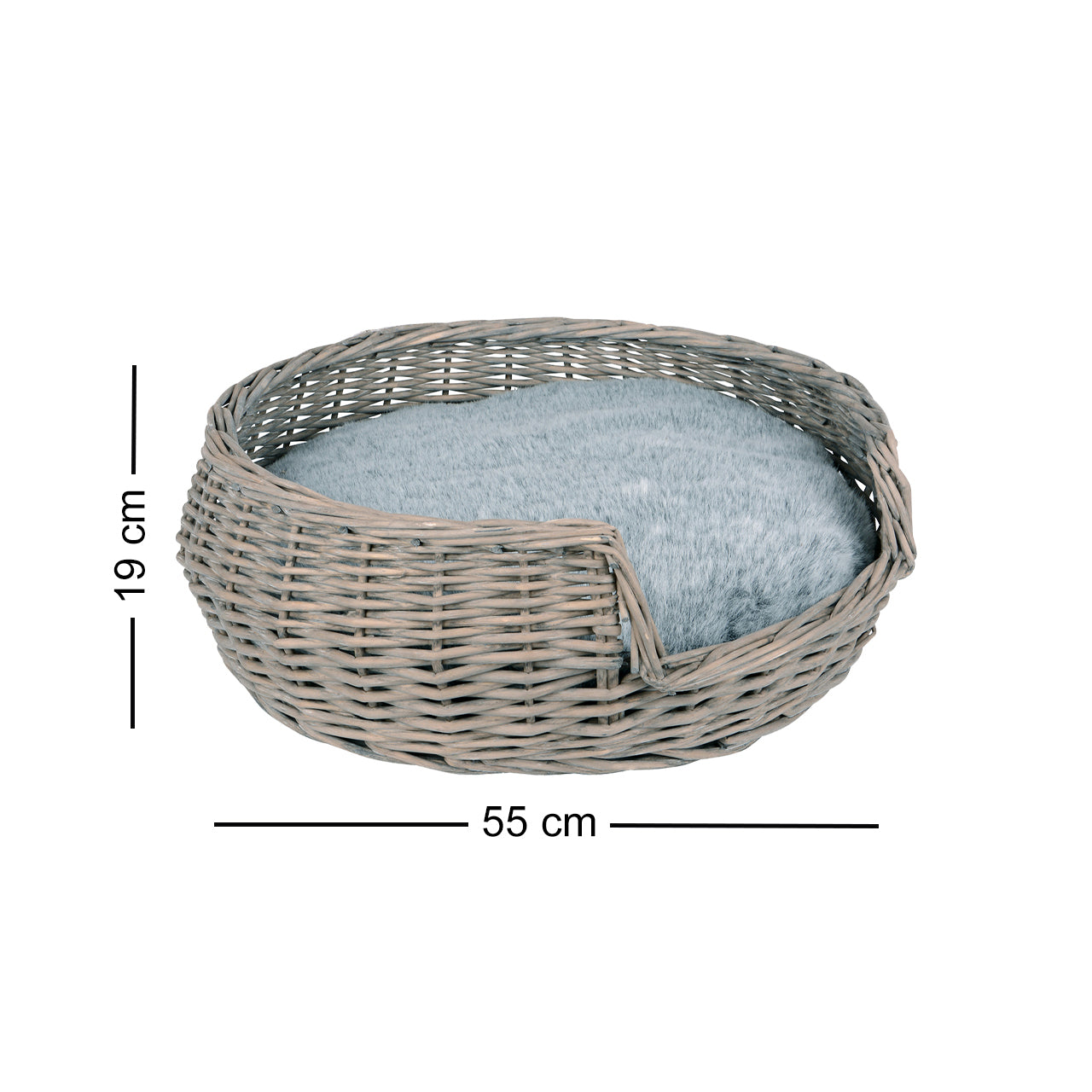 Haustierkorb rund grau/weiß washed mit Kissen groß Ø55